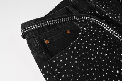 PURPLE  Men Streetwear Black Denim Shorts with Allover Rhinestone Studs and Zipper Details 5095