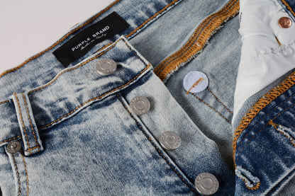 PURPLE  Men Streetwear Denim Shorts Light Blue Wash with Vintage Distressed Raw Hem 5053