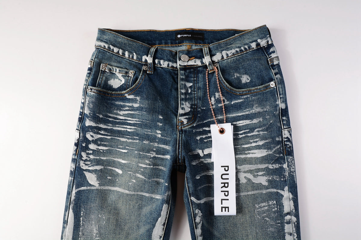 PURPLE  Men Streetwear Skinny Jeans Dark Blue Wash with White Brushstroke Distress 9040