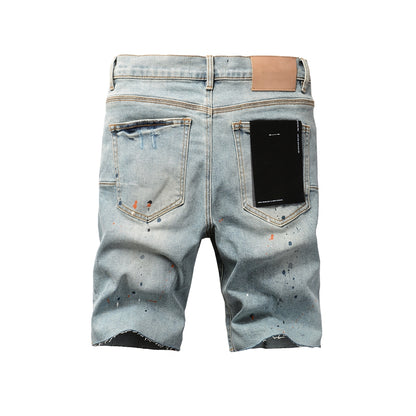 PURPLE  Men Streetwear Denim Shorts Light Blue Wash with Colorful Paint Splashes and Distressed Raw Hem 5071