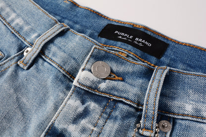 PURPLE  Men Streetwear Light Blue Denim Shorts with Vintage Wash and Raw Hem Finish 5091