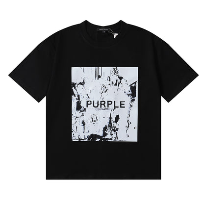 PURPLE Men Streetwear Short Sleeve Tee Black & White with Purple Brand Abstract Figure Print