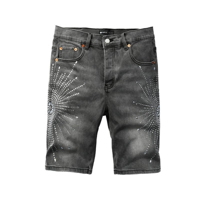 PURPLE  Men Streetwear Grey Denim Shorts with Radial Rhinestone Burst Patterns 5094