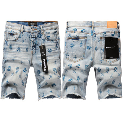 PURPLE  Men Streetwear Denim Shorts Light Blue Wash with Blue Graphic Print and Raw Hem 5063