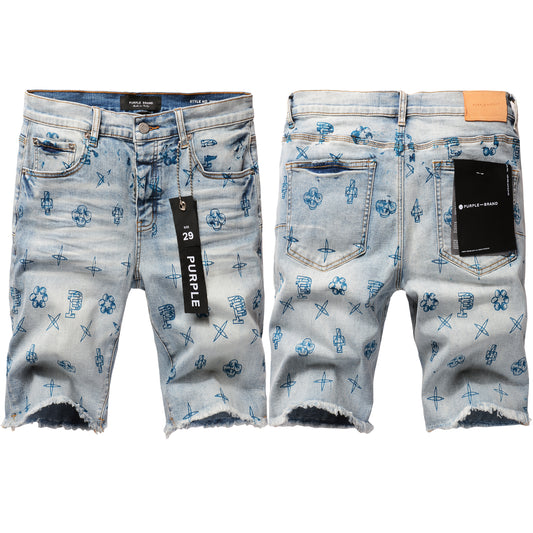 PURPLE  Men Streetwear Denim Shorts Light Blue Wash with Blue Graphic Print and Raw Hem 5063