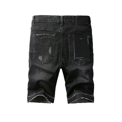 PURPLE   Men Streetwear Denim Shorts Black Wash with Distressed Rips and Raw Hem 5083