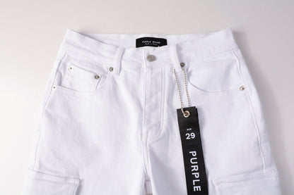 PURPLE  Men Streetwear White Cargo Denim Shorts with Multiple Pockets and Raw Hem 5082