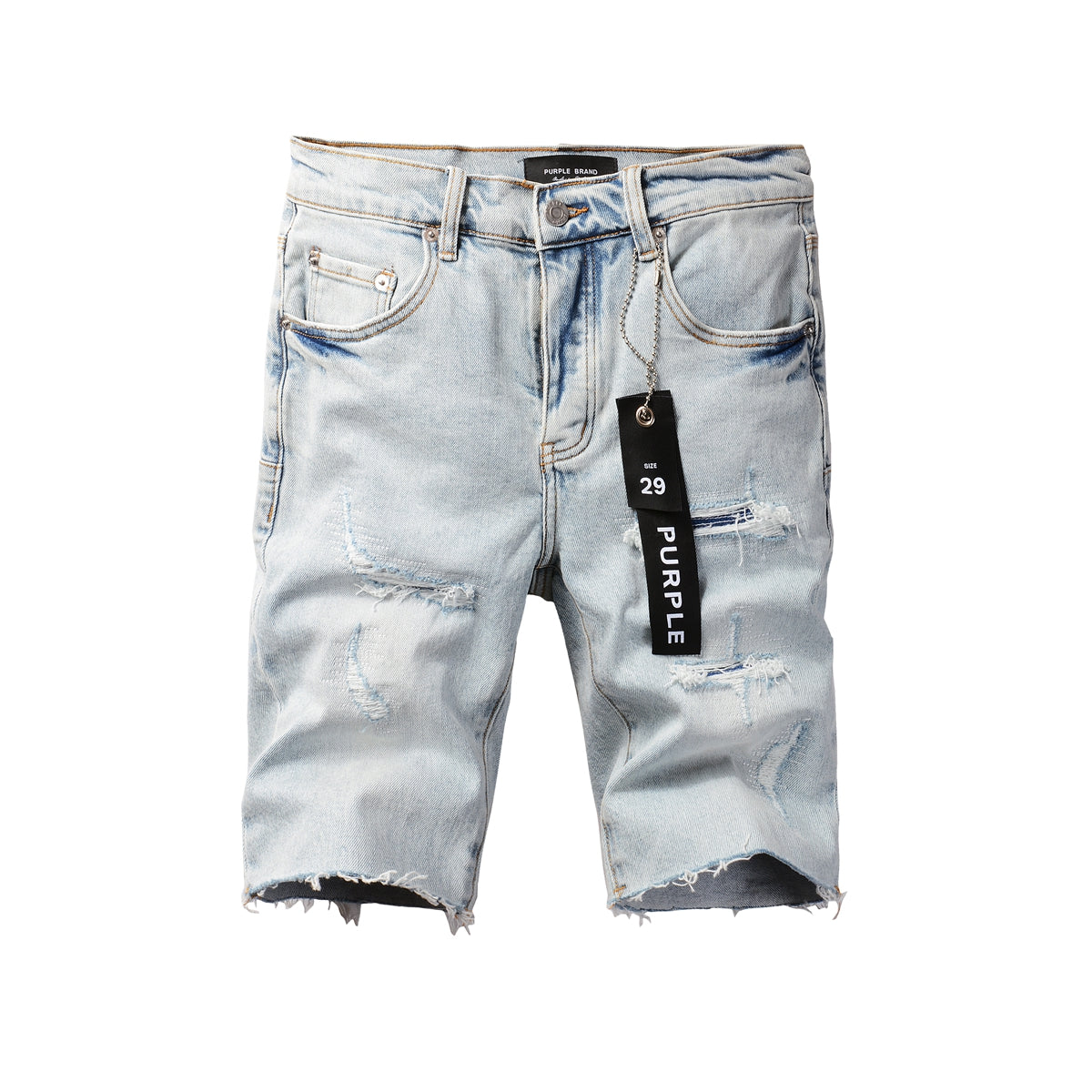 PURPLE  Men Streetwear Denim Shorts Light Blue Wash with Distressed Rips and Raw Hem 5088