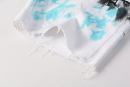 PURPLE  Men Streetwear Denim Shorts White Wash with Blue - Black Ink Floral Print and Raw Hem 5065