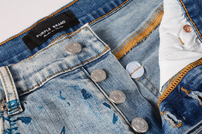 PURPLE  Men Streetwear Denim Shorts Light Blue Wash with Blue Graphic Print and Raw Hem 5063