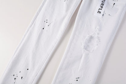 PURPLE   Men Streetwear Skinny Jeans White Wash with Black Paint Splatter and Distressed Rip 9021