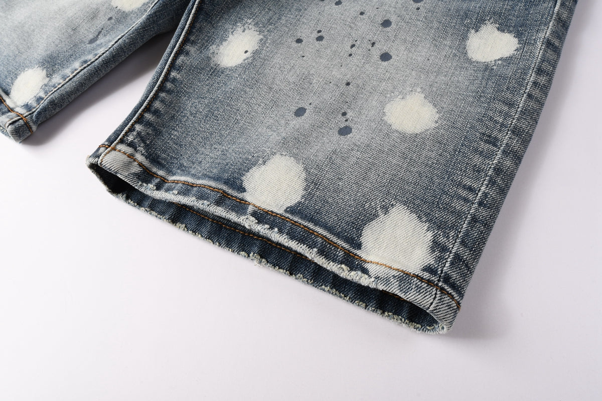 PURPLE   Men Streetwear Denim Shorts Light Blue Wash with Large White Paint Splashes and Speckles 5092