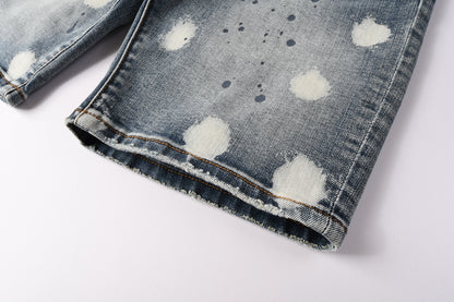 PURPLE   Men Streetwear Denim Shorts Light Blue Wash with Large White Paint Splashes and Speckles 5092