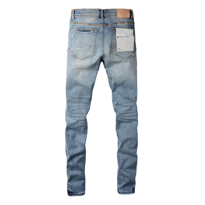 PURPLE  Men Streetwear Skinny Jeans Light Blue Wash with Black Pixelated Pattern Print 9052