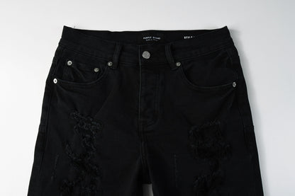 PURPLE  Men Streetwear Black Denim Shorts with Distressed Ripped Details and Raw Hem 5108