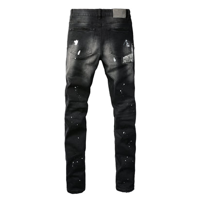 PURPLE  Men Streetwear Jeans Distressed Black Paint Splash Patch Ripped skinny 9099