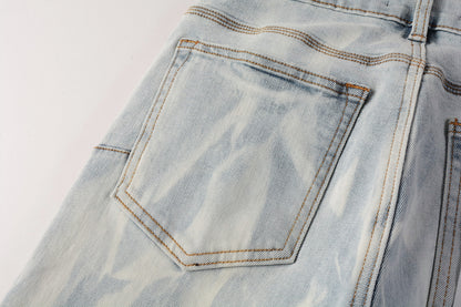 PURPLE   Men Streetwear Skinny Jeans Light Blue Wash with White Brushstroke Texture 7017