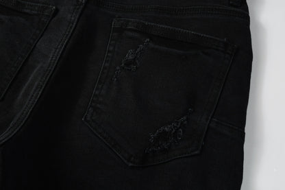 PURPLE  Men Streetwear Black Denim Shorts with Distressed Ripped Details and Raw Hem 5108