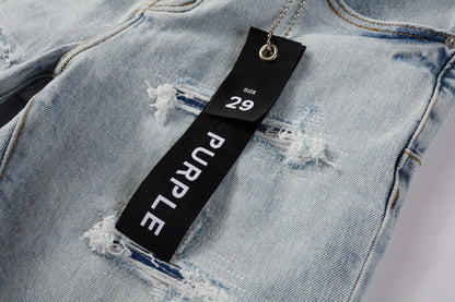 PURPLE  Men Streetwear Denim Shorts Light Blue Wash with Distressed Rips and Raw Hem 5088