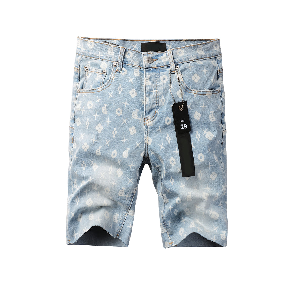 PURPLE  Men Streetwear Denim Shorts Light Blue Wash with White Geometric Print and Raw Hem 5089