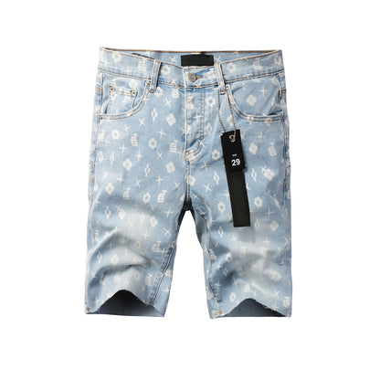 PURPLE  Men Streetwear Denim Shorts Light Blue Wash with White Geometric Print and Raw Hem 5089