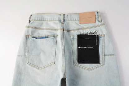 PURPLE  Men Streetwear Denim Shorts Light Blue Wash with Colorful Patched Rips and Raw Hem 5067