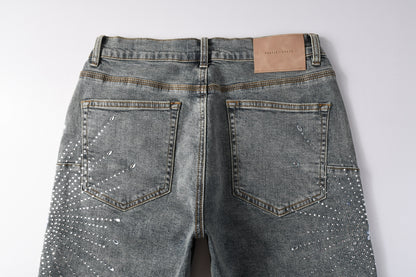 PURPLE  Men Streetwear Light Blue Denim Shorts with Radial White Rhinestone Designs 5093