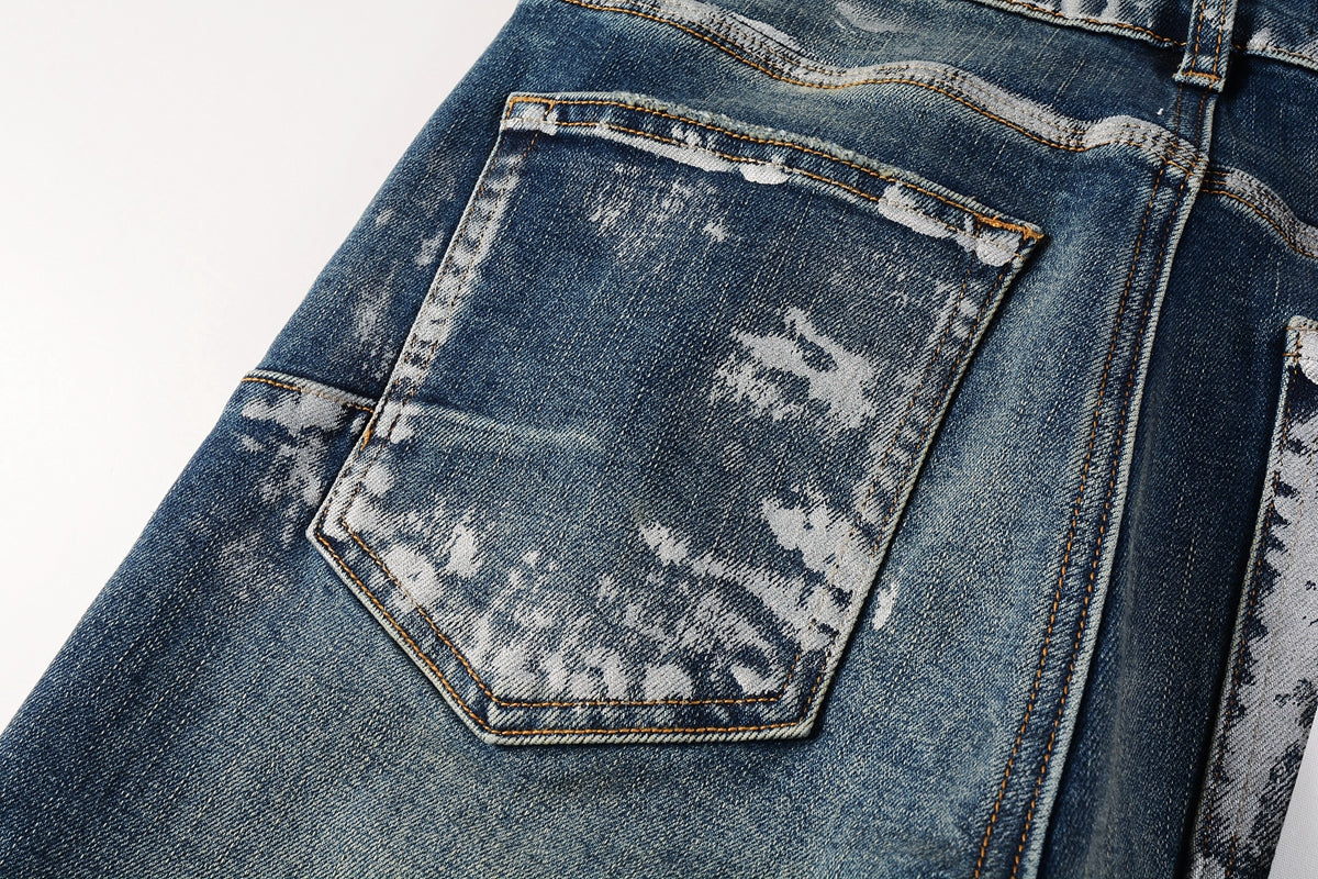 PURPLE  Men Streetwear Skinny Jeans Dark Blue Wash with White Brushstroke Distress 9040