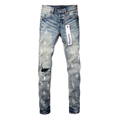 PURPLE  Designer Women Purple High Street Purple Denim Black Long Mid Pants Hole for Men Purple Jeans 9043