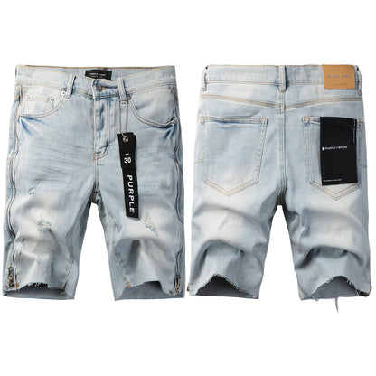 PURPLE  Men Streetwear Denim Shorts Light Blue Wash with Side Zipper and Distressed Raw Hem 5086