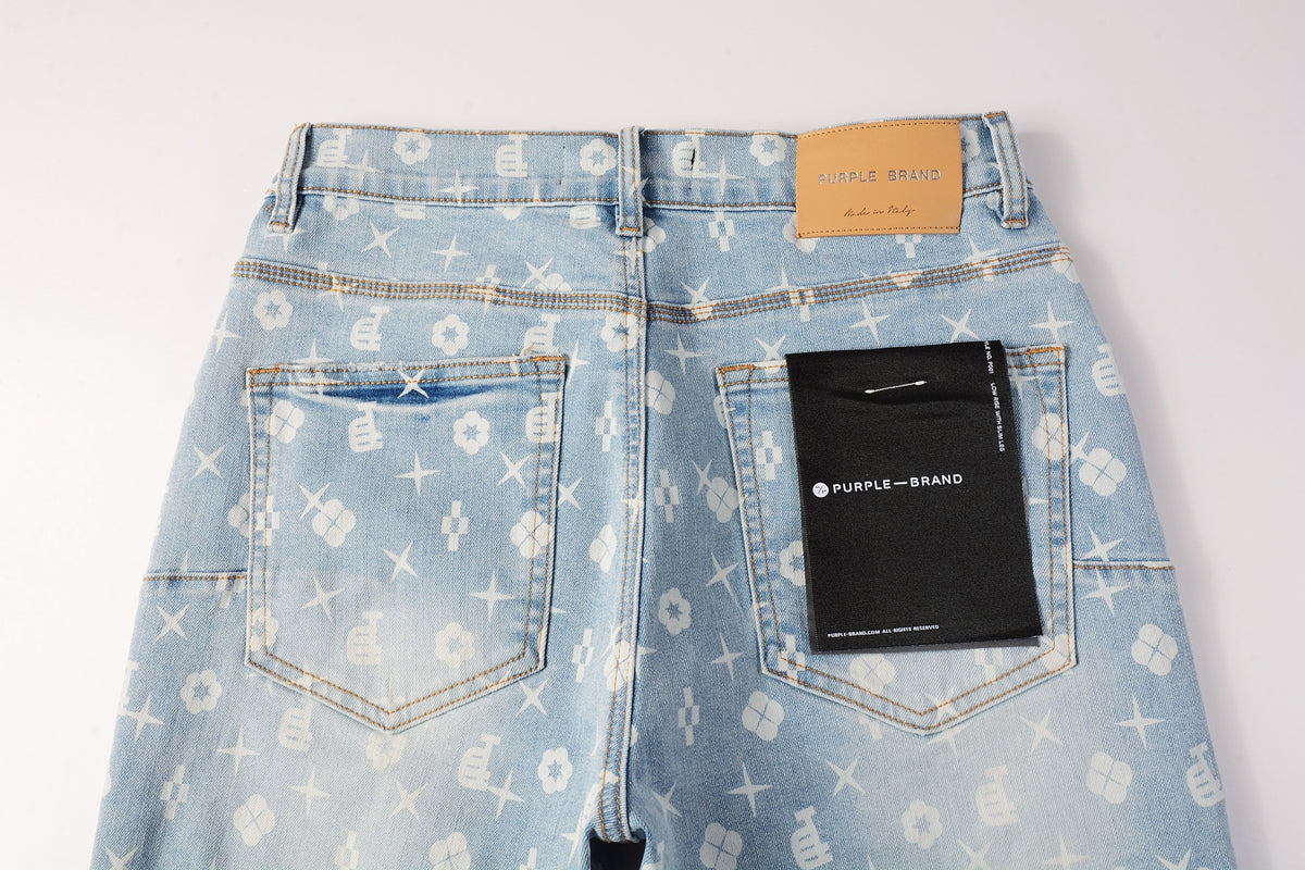 PURPLE  Men Streetwear Denim Shorts Light Blue Wash with White Geometric Print and Raw Hem 5089