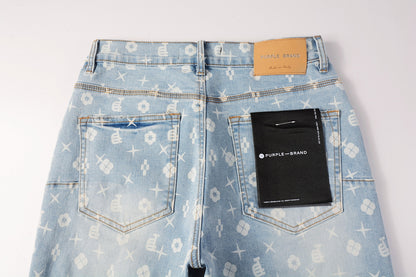 PURPLE  Men Streetwear Denim Shorts Light Blue Wash with White Geometric Print and Raw Hem 5089