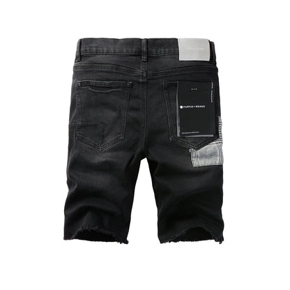 PURPLE  Men Streetwear Denim Shorts Black Wash with Distressed Rips and Plaid Patches 5001