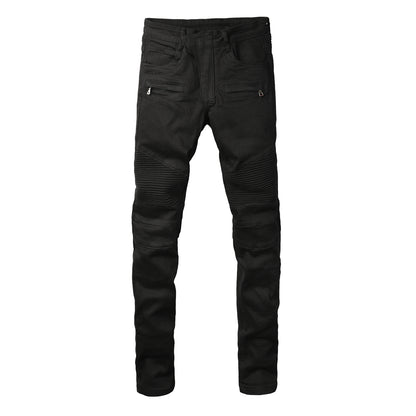 PURPLE  Men Streetwear Biker Skinny Jeans Black with Knee Pleats and Zipper Pockets 0964