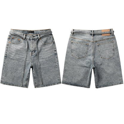 PURPLE   Men Streetwear Straight Denim Shorts Grey Wash with Rhinestone Speckles and Seam Accents 5096