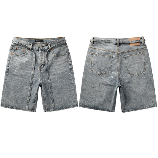 PURPLE   Men Streetwear Straight Denim Shorts Grey Wash with Rhinestone Speckles and Seam Accents 5096
