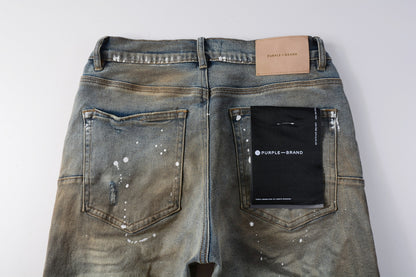 PURPLE  Men Streetwear Denim Shorts Brownish Wash with White Paint Splashes and Distressed Raw Hem 5012
