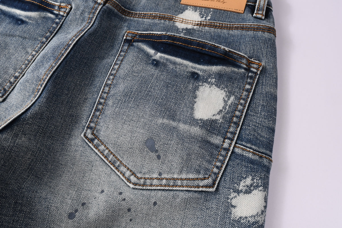 PURPLE   Men Streetwear Denim Shorts Light Blue Wash with Large White Paint Splashes and Speckles 5092