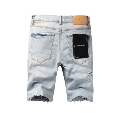 PURPLE  Men Streetwear Denim Shorts Light Blue Wash with Distressed Rips and Raw Hem 5088