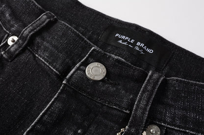 PURPLE  Men Streetwear Denim Shorts Black Wash with Colorful Feather Print and Raw Hem 5085