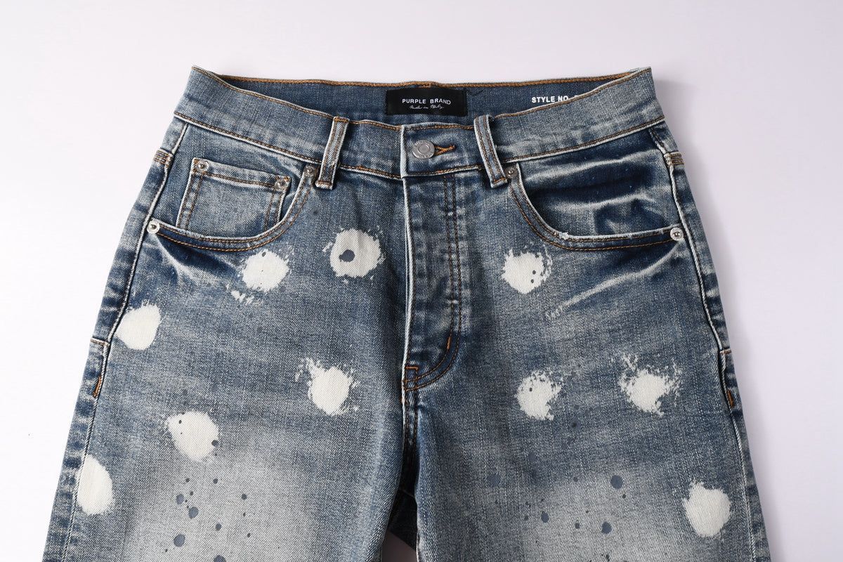 PURPLE   Men Streetwear Denim Shorts Light Blue Wash with Large White Paint Splashes and Speckles 5092