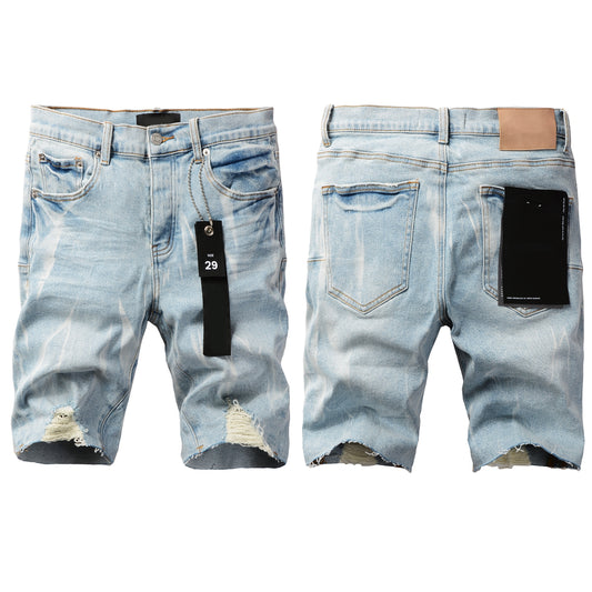 PURPLE   Men Streetwear Denim Shorts Light Blue Wash with White Distressed Patches and Raw Hem 5069