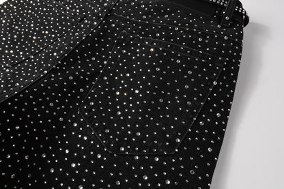 PURPLE  Men Streetwear Black Denim Shorts with Allover Rhinestone Studs and Zipper Details 5095