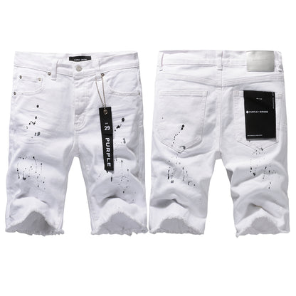 PURPLE  Men Streetwear Denim Shorts White Wash with Black Paint Splatter Print and Raw Hem 5021