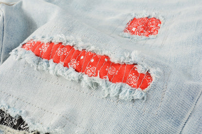 PURPLE  Men Streetwear Denim Shorts Light Blue Wash with Colorful Patched Rips and Raw Hem 5067