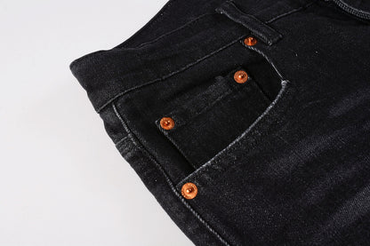 PURPLE   Men Streetwear Skinny Jeans Black Wash with Knee Rips and White Paint Specks 9035