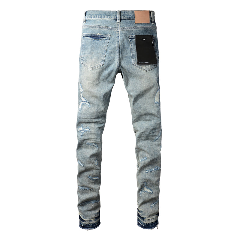 PURPLE  Men Streetwear Skinny Jeans Light Blue Wash with Multi-Color Paint Splatter and Distressed Rips 9072