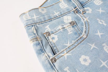 PURPLE  Men Streetwear Denim Shorts Light Blue Wash with White Geometric Print and Raw Hem 5089