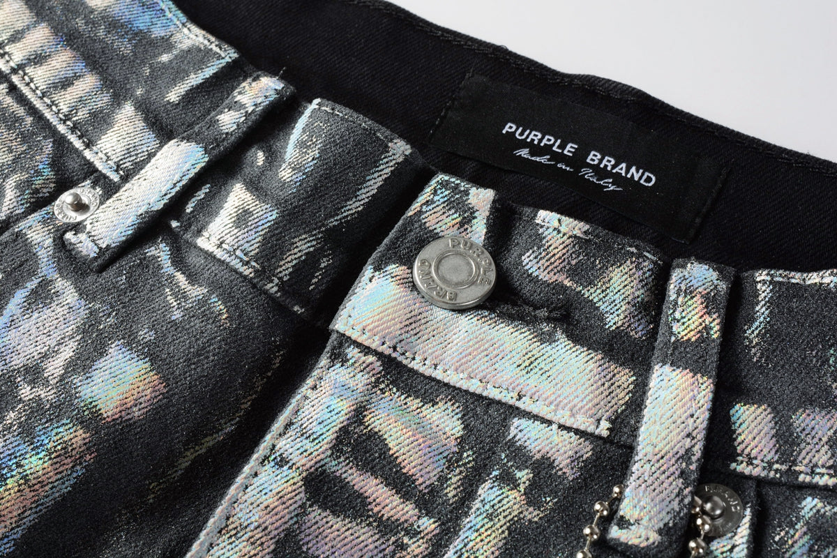 PURPLE  Men Streetwear Denim Shorts Black Wash with Holographic Reflective Finish and Raw Hem 5028
