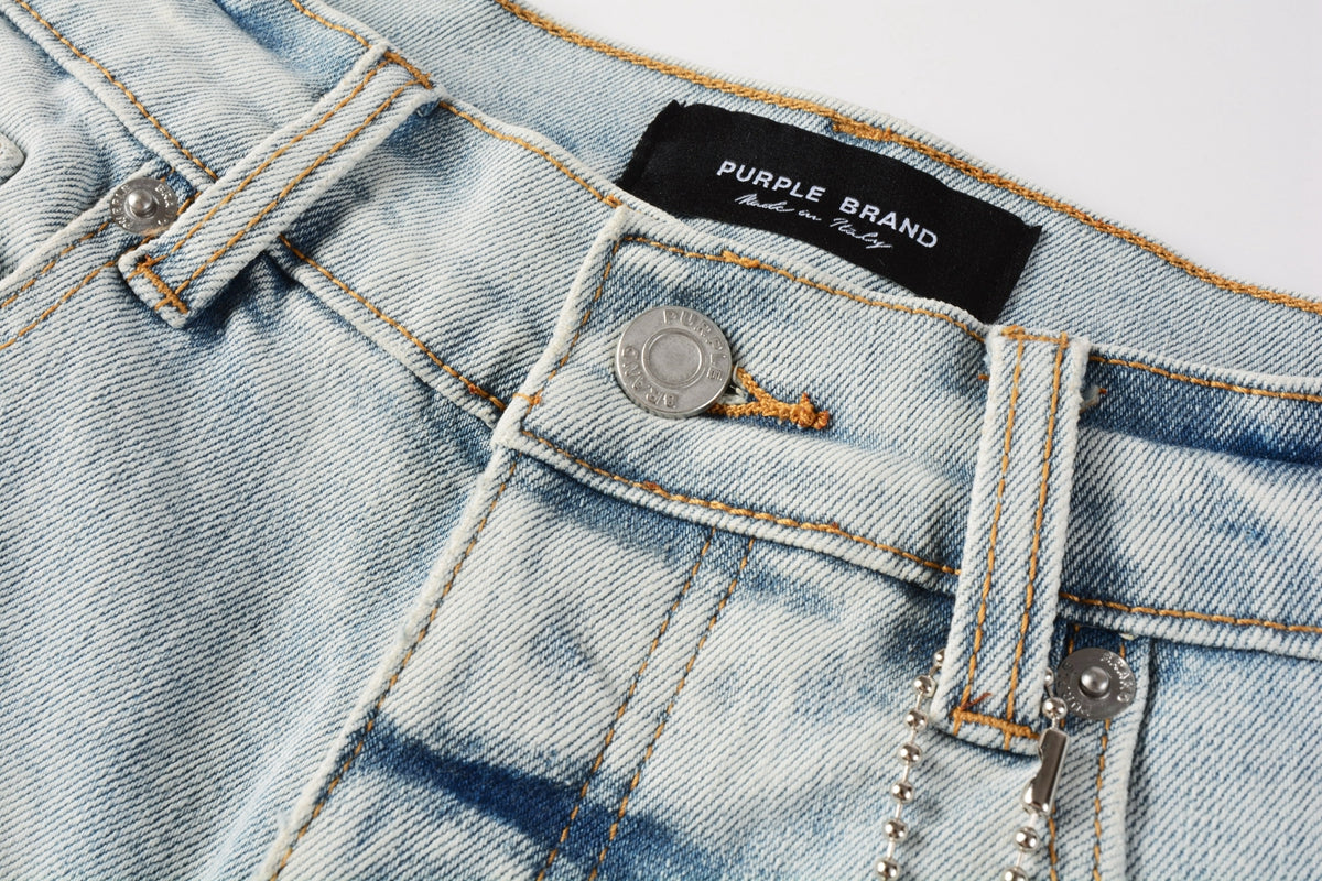 PURPLE  Men Streetwear Denim Shorts Light Blue Wash with White Paint Splatters and Distressed Raw Hem 5006